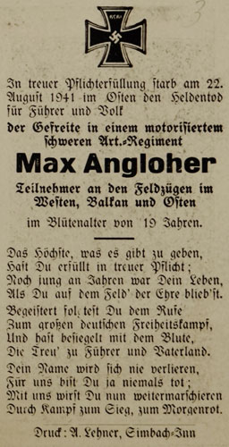 Army Remembrance Card for Artillery Gefreiter "Max Angloher"