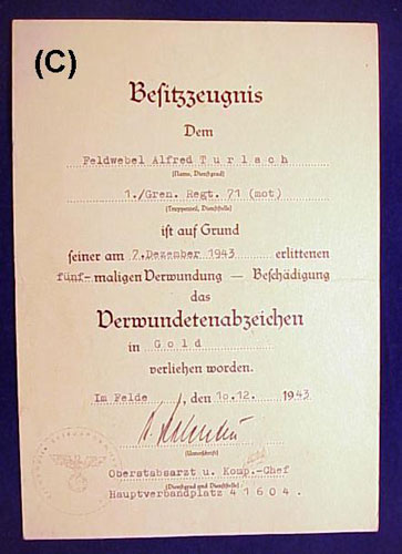 12. / Panzer Gren. Regt 71 (mot) Document Group to "Feldwebel Alfred Turlach"