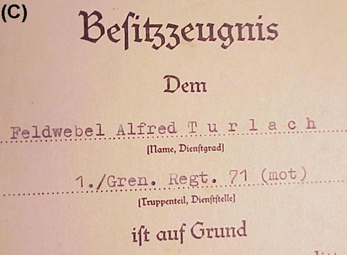 12. / Panzer Gren. Regt 71 (mot) Document Group to "Feldwebel Alfred Turlach"