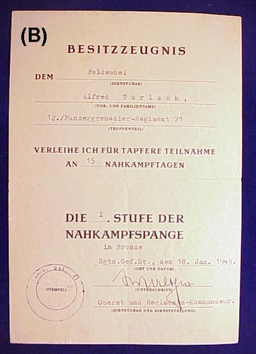 12. / Panzer Gren. Regt 71 (mot) Document Group to "Feldwebel Alfred Turlach"
