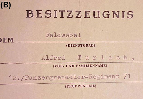 12. / Panzer Gren. Regt 71 (mot) Document Group to "Feldwebel Alfred Turlach"