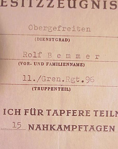 11. / Gren. Rgt. 96 Bronze Close Combat Clasp Document to "Obergefreiten Rolf Bemmer"