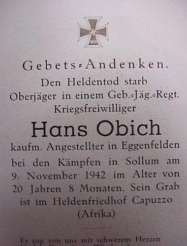 Army Afrika Korps Gebirgsjager Remembrance Card