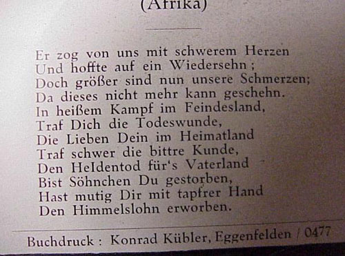 Army Afrika Korps Gebirgsjager Remembrance Card