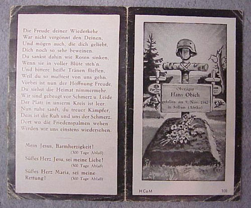 Army Afrika Korps Gebirgsjager Remembrance Card