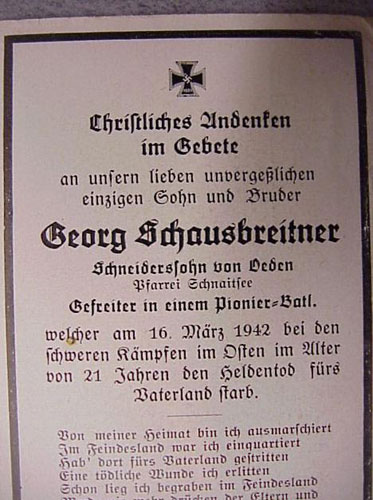 Army Gefreiter in Pionier Batl. Remembrance Card