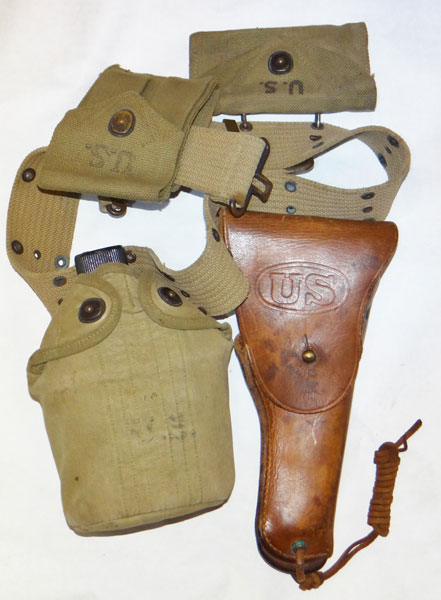 U.S. WW II M-1936 Pistol Belt with Canteen, Holster, Clip Pouch & First Aid Pouch