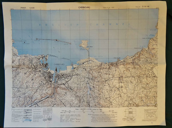 WW II U.S. Paper Map of "Cherbourg" France