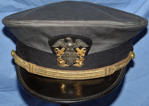 "NAMED" WW II U.S. Navy Officers Visor Hat with Grey Cover