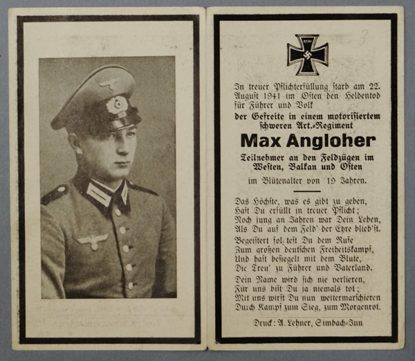 Army Remembrance Card for Artillery Gefreiter "Max Angloher"