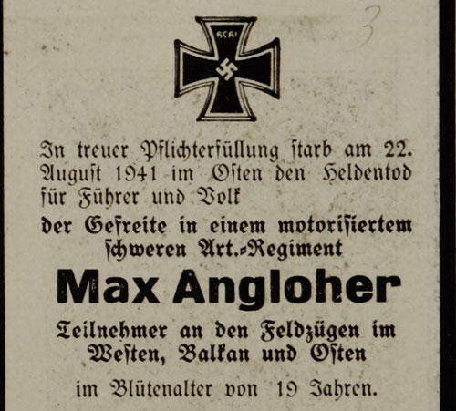 Army Remembrance Card for Artillery Gefreiter "Max Angloher"