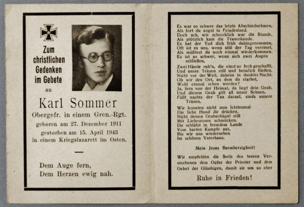 Army Remembrance Card for "Karl Sommer" Army Remembrance Card for "Karl Sommer"