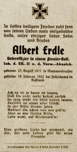 Army Remembrance Card for "Albert Erdle"