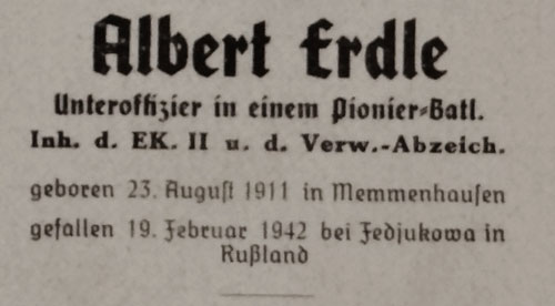 Army Remembrance Card for "Albert Erdle"