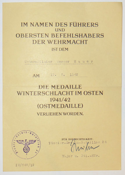 1942 Dated Russian Front Medal Document for Pionier NCO 1942 Dated Russian Front Medal Document for Pionier NCO