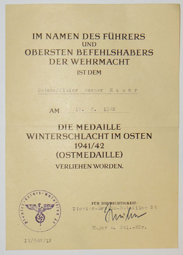 1942 Dated Russian Front Medal Document for Pionier NCO