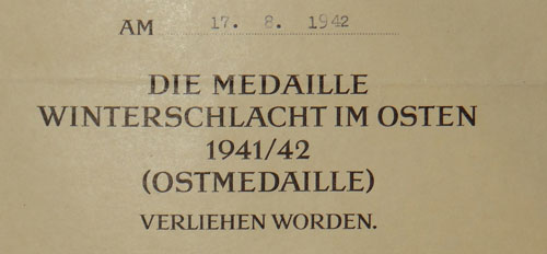 1942 Dated Russian Front Medal Document for Pionier NCO