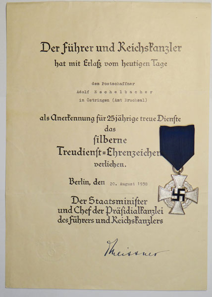 25 Year Silver Faithful Service Cross with Document 25 Year Silver Faithful Service Cross with Document