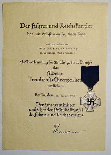 25 Year Silver Faithful Service Cross with Document