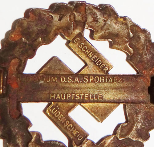 Numbered BRONZE SA Sport Badge 1935-1939 Pattern