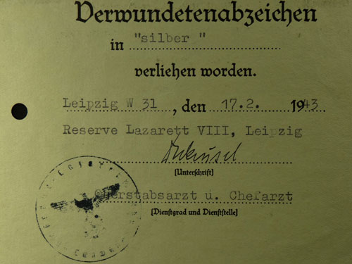 Silver Wound Badge Award Document