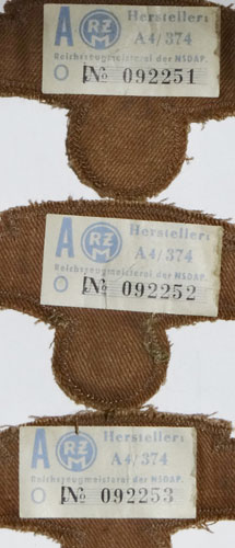 THREE NSKK Sleeve Eagles for Brown Shirts with Consecutive Numbered RZM Tags
