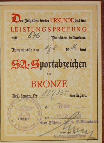 SA Sport Badge Award Diploma to SS Member