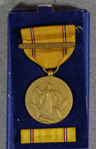 Boxed WW II "American Defense" Medal with "Foreign Service Bar"