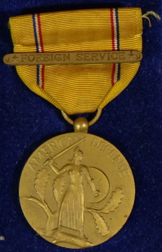 Boxed WW II "American Defense" Medal with "Foreign Service Bar"