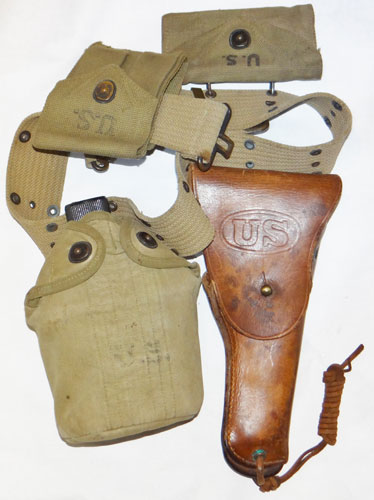 U.S. WW II M-1936 Pistol Belt with Canteen, Holster, Clip Pouch & First Aid Pouch