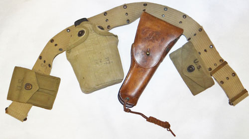 U.S. WW II M-1936 Pistol Belt with Canteen, Holster, Clip Pouch & First Aid Pouch