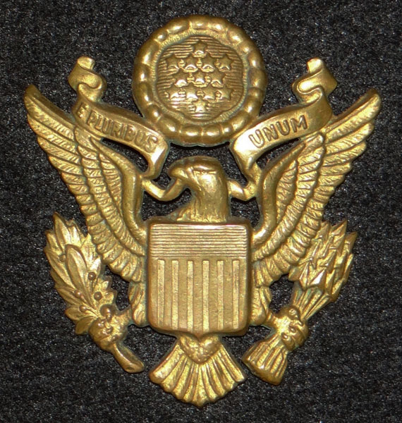 Maker Marked WW II U.S. Army Officer Visor Hat Insignia Maker Marked WW II U.S. Army Officer Visor Hat Insignia