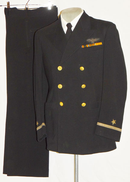 Named WW II U.S. Navy Ensign Dark Blue Coat & Trousers with Bullion Pilot Wings