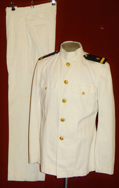 Named WW II White Dress Coat & Trousers for Ensign with Pearl Harbor Submarine Base Tailor Tag Named WW II White Dress Coat & Trousers for Ensign with Pearl Harbor Submarine Base Tailor Tag
