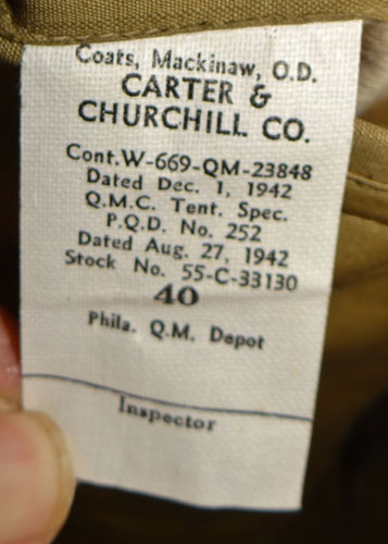 1942 Dated WW II U.S. Army "Mackinaw" Field Coat